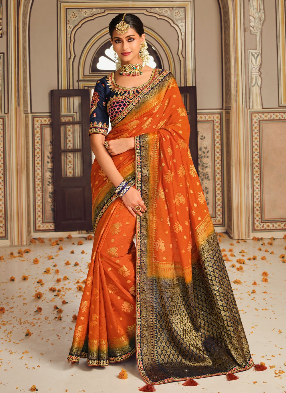 Classic Fancy Fabric Orange Embroidered Saree