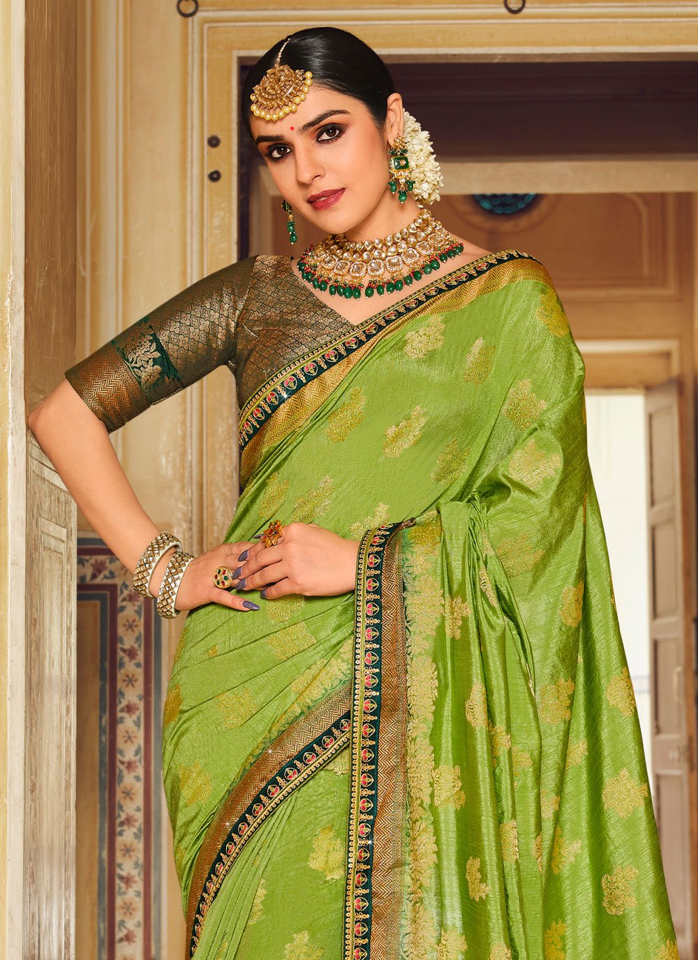 Classic Fancy Fabric Green Embroidered Saree