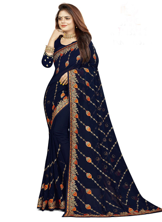 Classic Fancy Fabric Blue Embroidered Saree