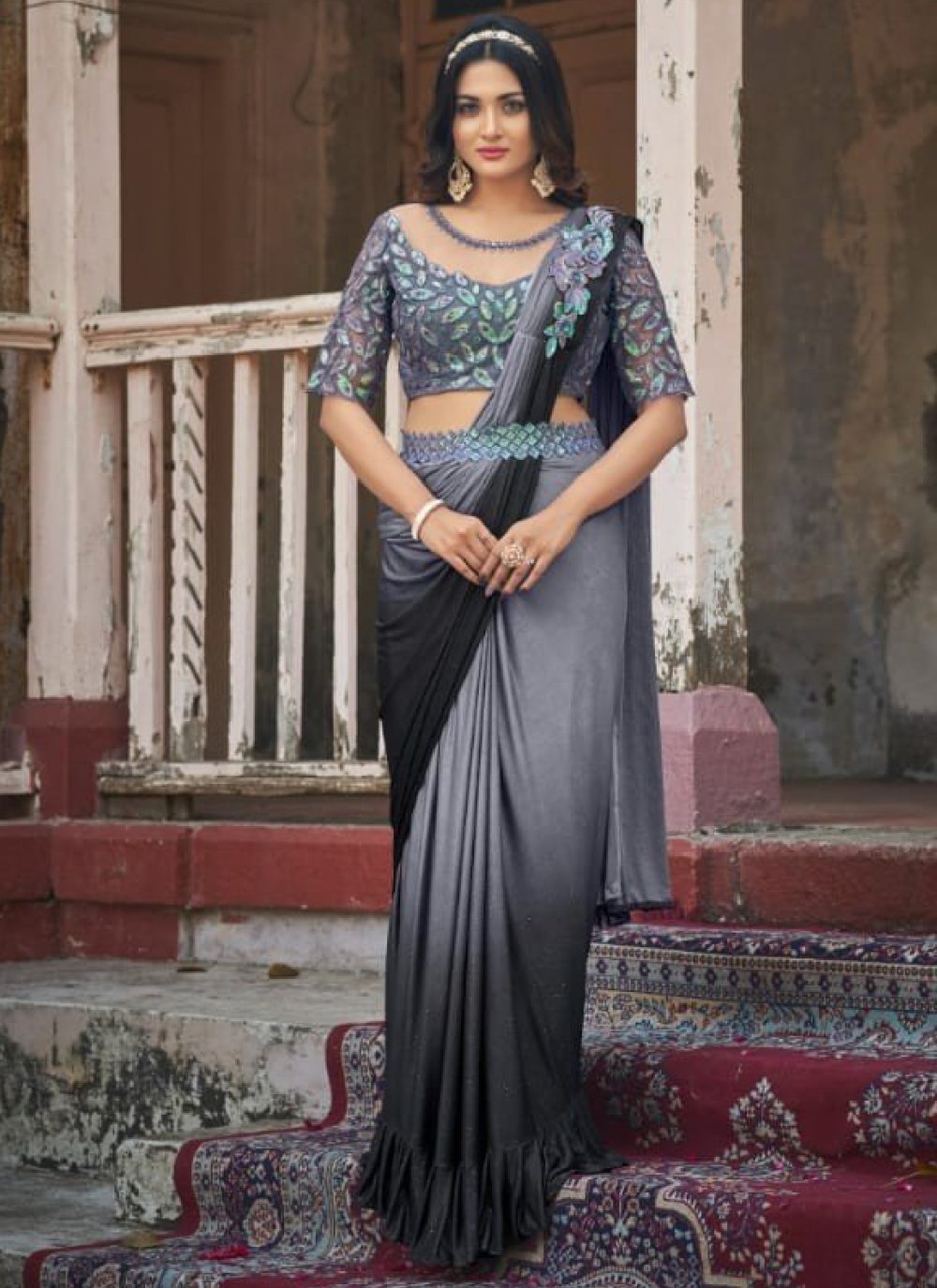 Contemporary Fancy Fabric Grey Fancy Work Saree