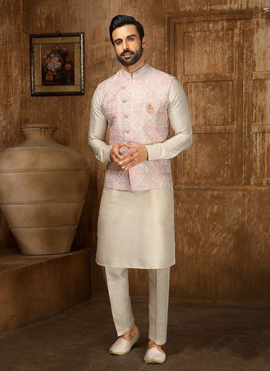 Kurta Payjama With Jacket Fancy Fabric Cream Pink Digital Print Mens