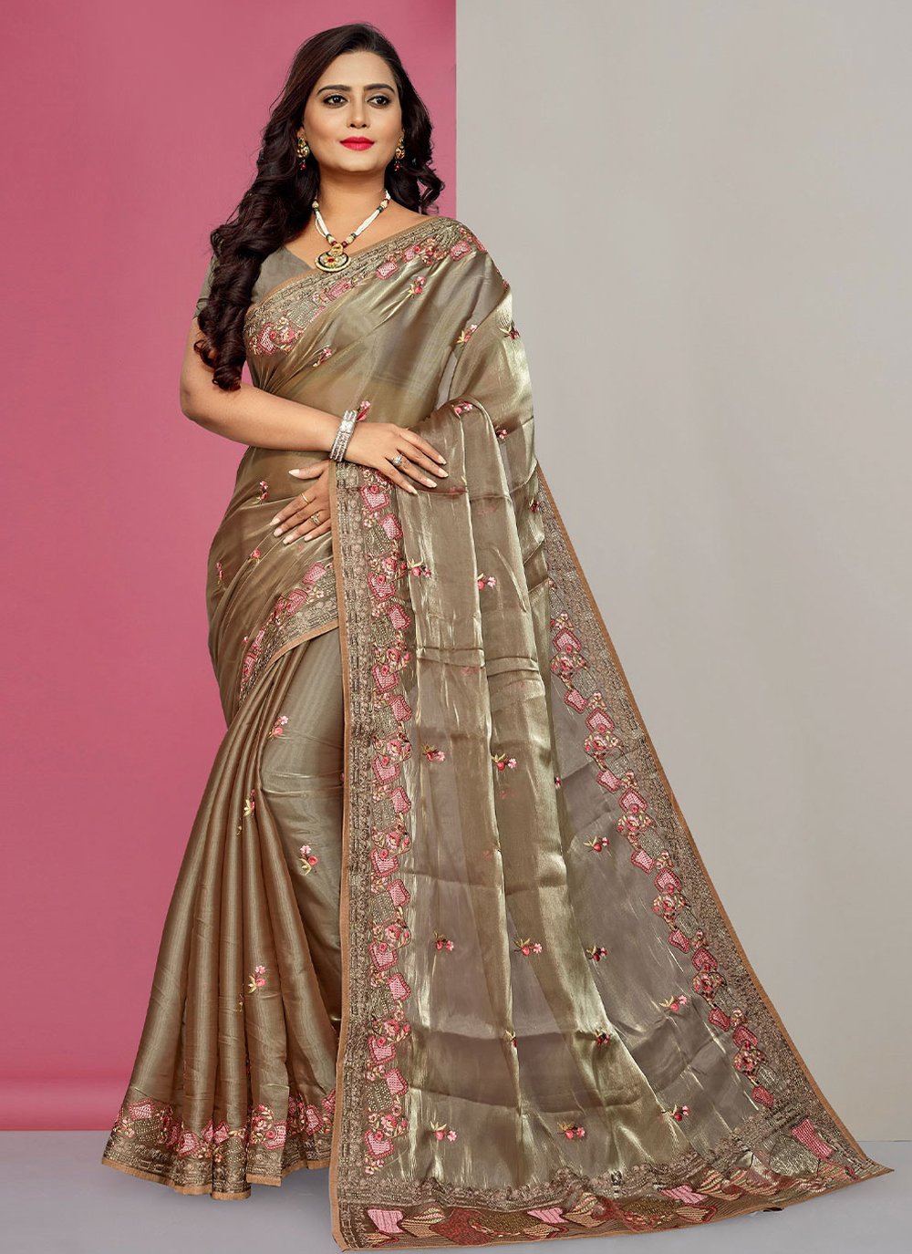 Classic Fancy Fabric Brown Embroidered Saree