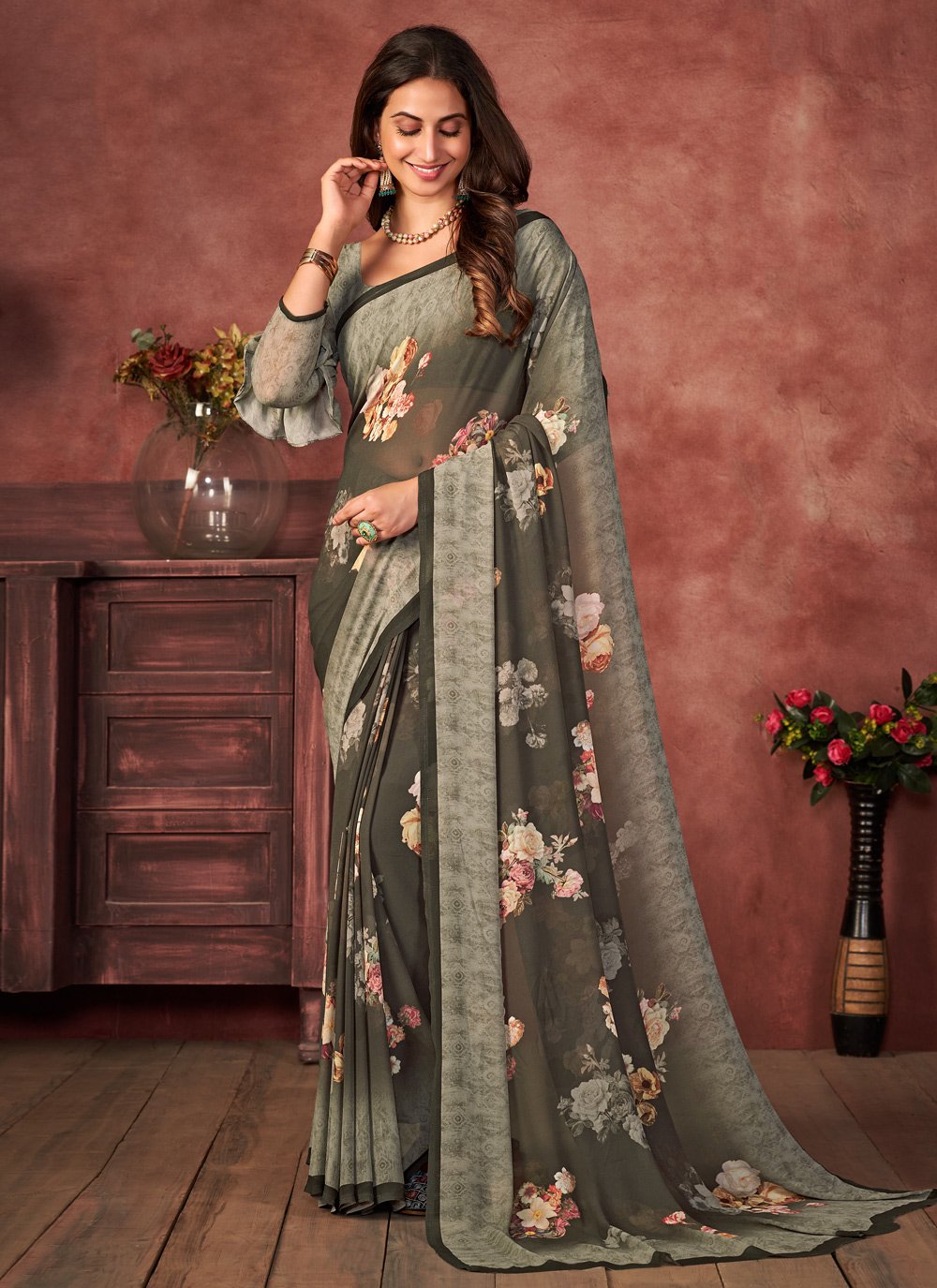 Designer Fancy Fabric Grey Digital Print Saree