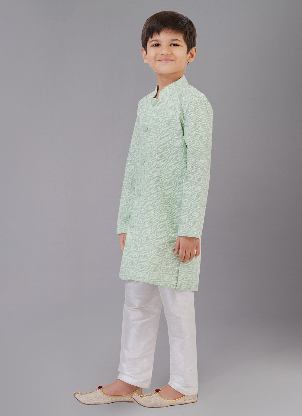 Kurta Pyjama Fancy Fabric Green Embroidered Kids