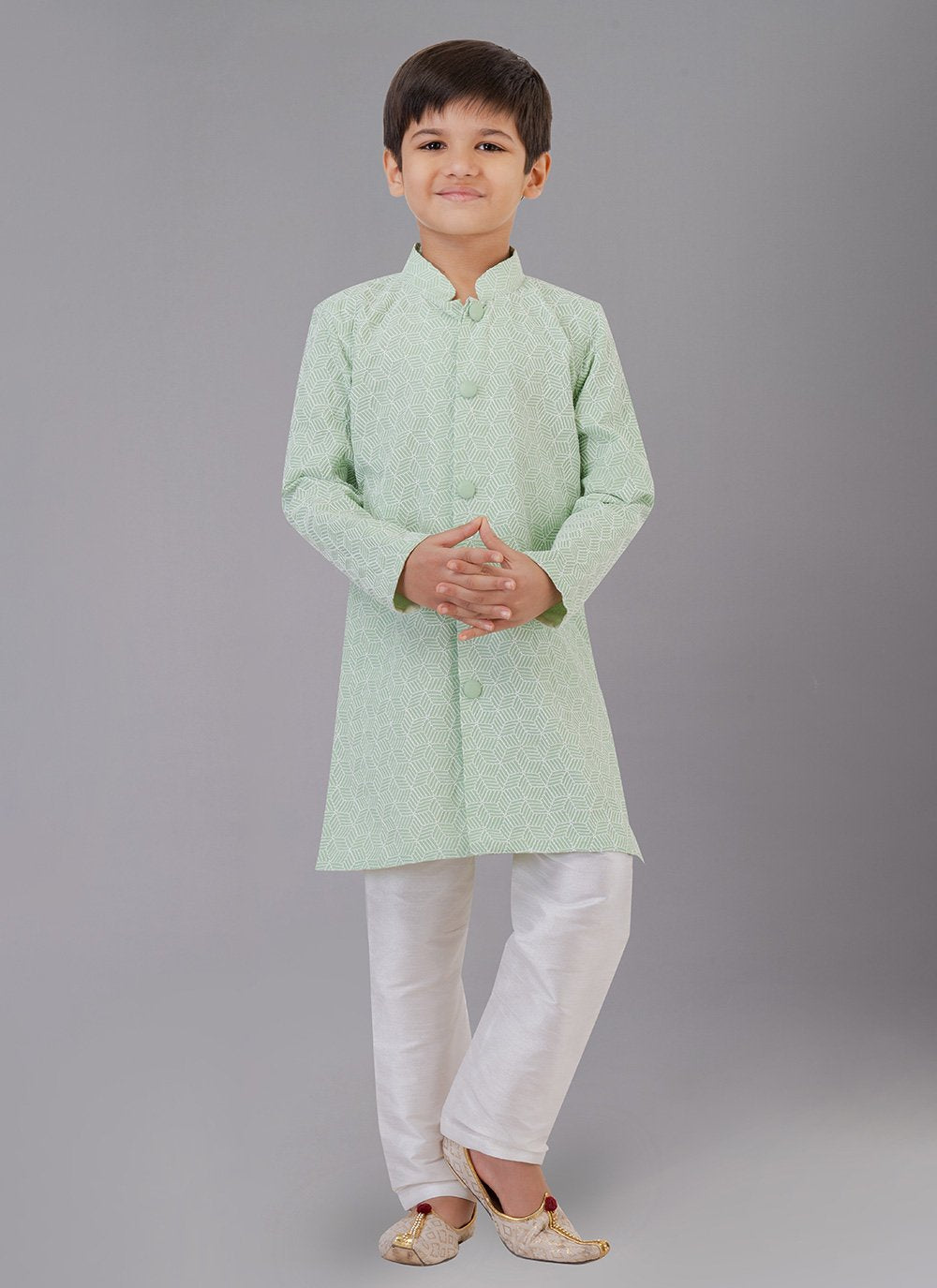 Kurta Pyjama Fancy Fabric Green Embroidered Kids
