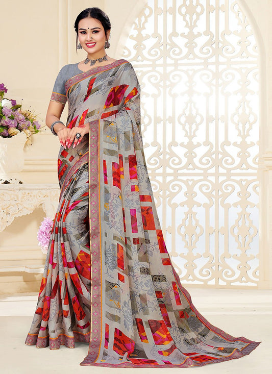 Contemporary Brasso Fancy Fabric Grey Patch Border Saree