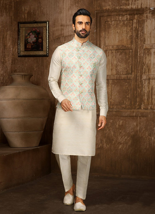 Kurta Payjama With Jacket Fancy Fabric Cream Green Digital Print Mens