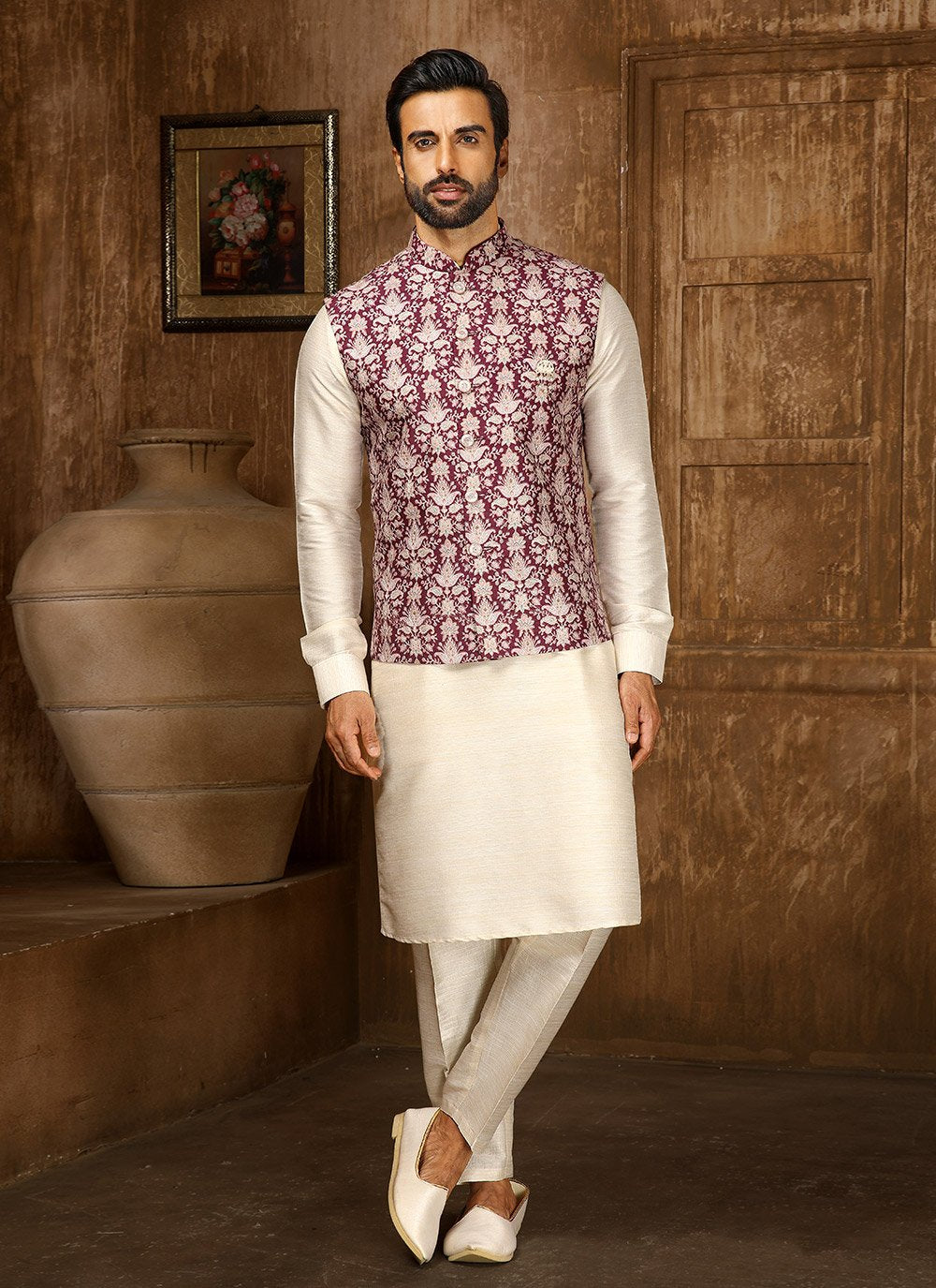 Kurta Payjama With Jacket Fancy Fabric Cream Pink Digital Print Mens