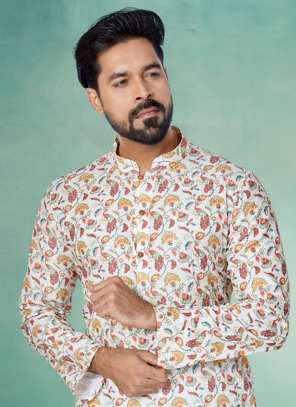 Kurta Pyjama Fancy Fabric Multi Colour Off White Digital Print Mens