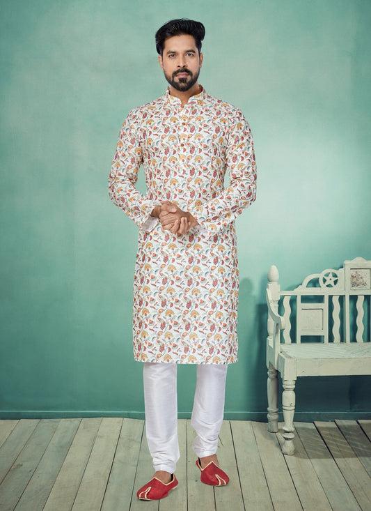 Kurta Pyjama Fancy Fabric Multi Colour Off White Digital Print Mens