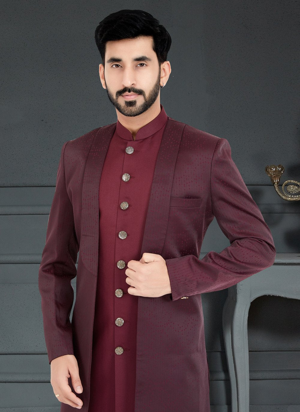 Indo Western Fancy Fabric Magenta Maroon Weaving Mens