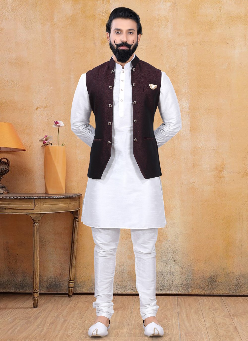 Nehru Jackets Fancy Fabric Maroon Fancy Work Mens