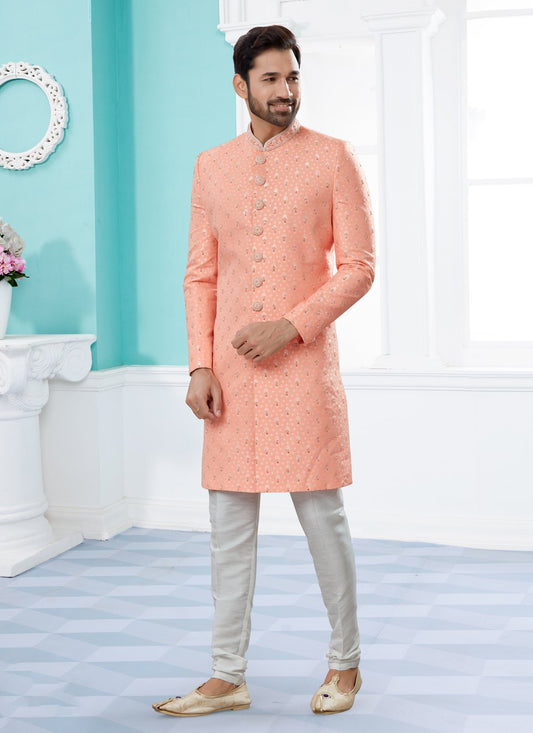 Indo Western Sherwani Fancy Fabric Peach Embroidered Mens