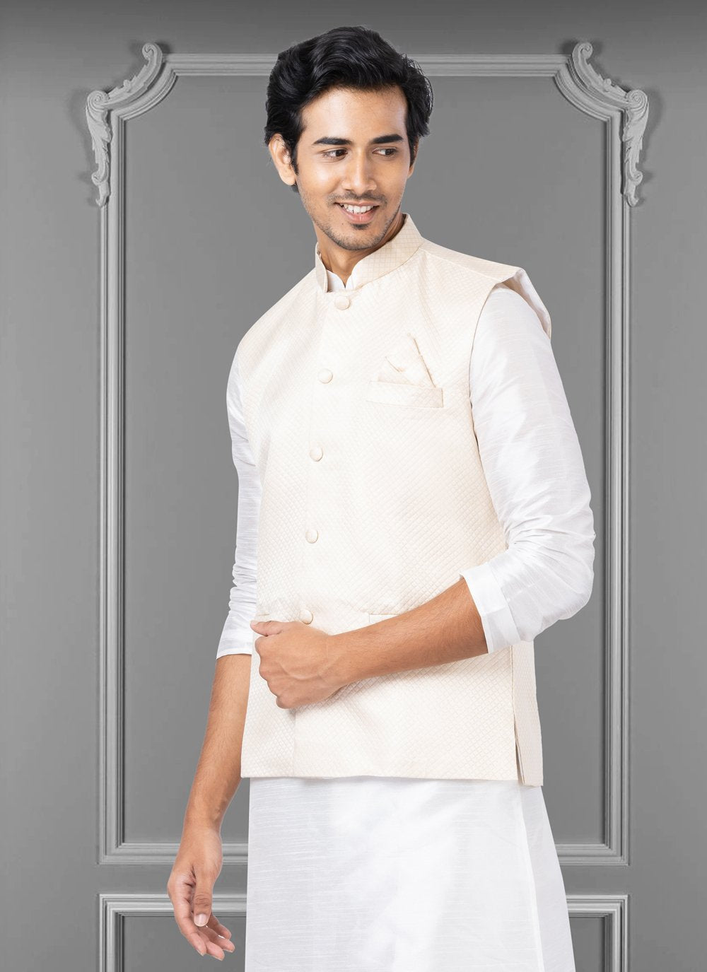 Nehru Jackets Fancy Fabric Pink Embroidered Mens