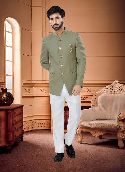 Jodhpuri Suit Fancy Fabric Green Plain Mens