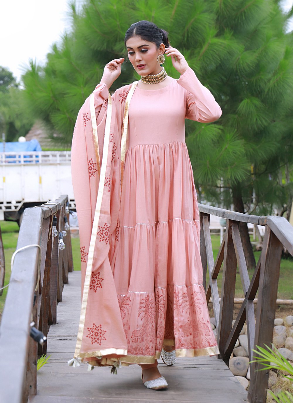 Anarkali Suit Fancy Fabric Peach Print Salwar Kameez