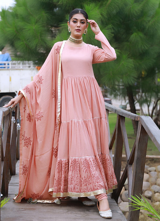 Anarkali Suit Fancy Fabric Peach Print Salwar Kameez