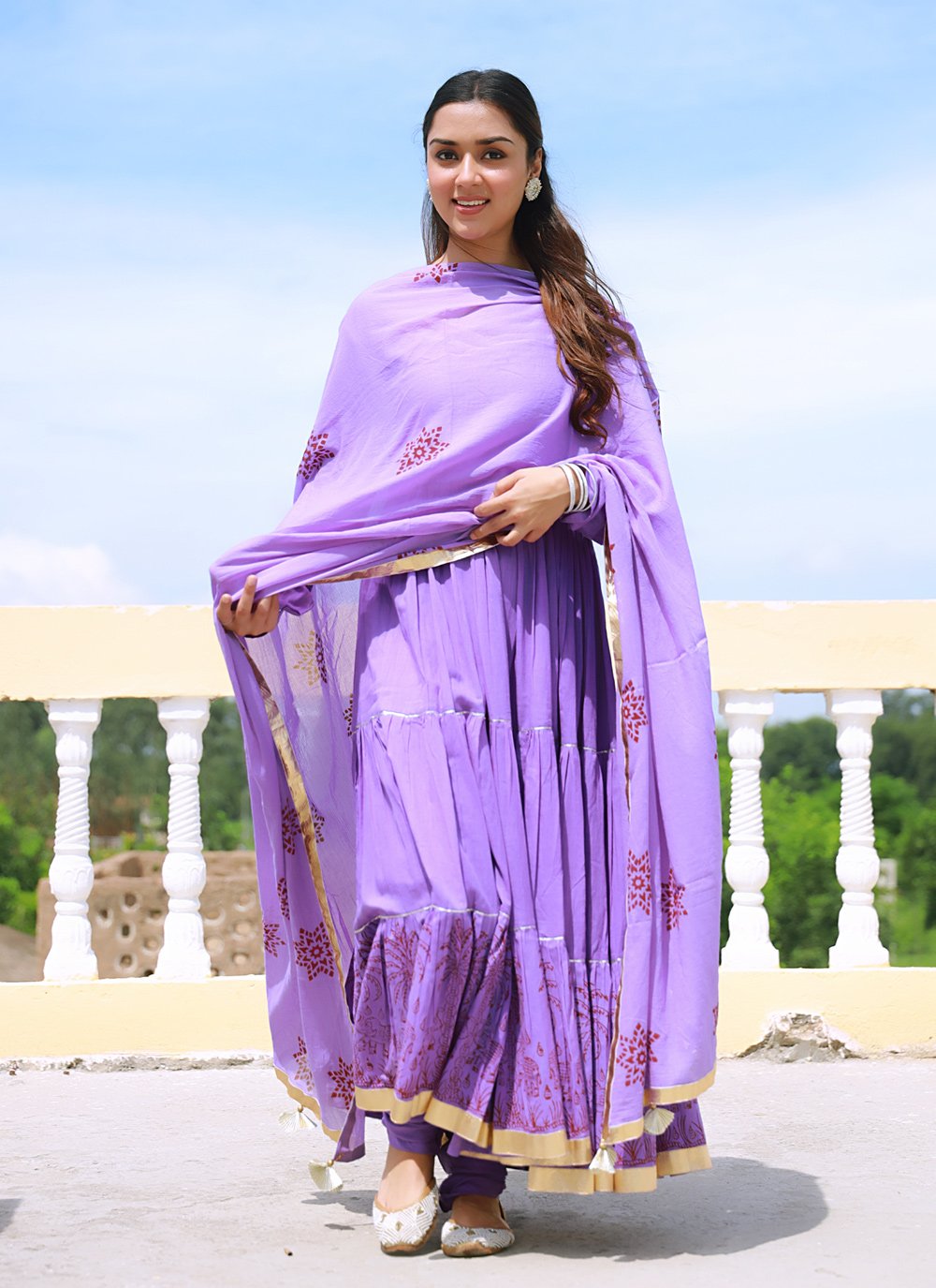 Anarkali Suit Fancy Fabric Lavender Print Salwar Kameez