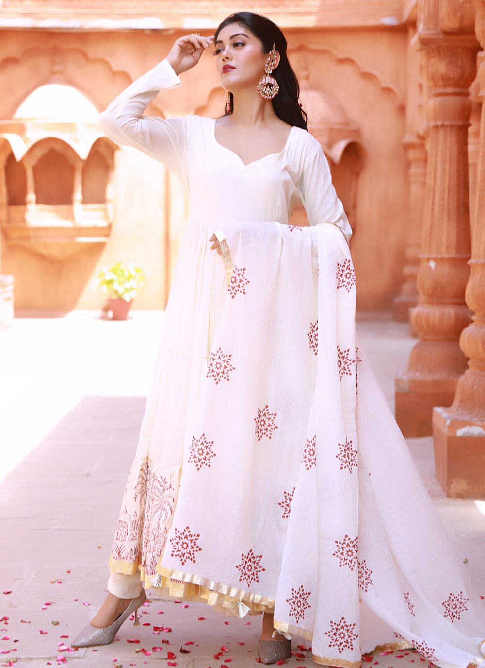 Anarkali Suit Fancy Fabric Beige Print Salwar Kameez