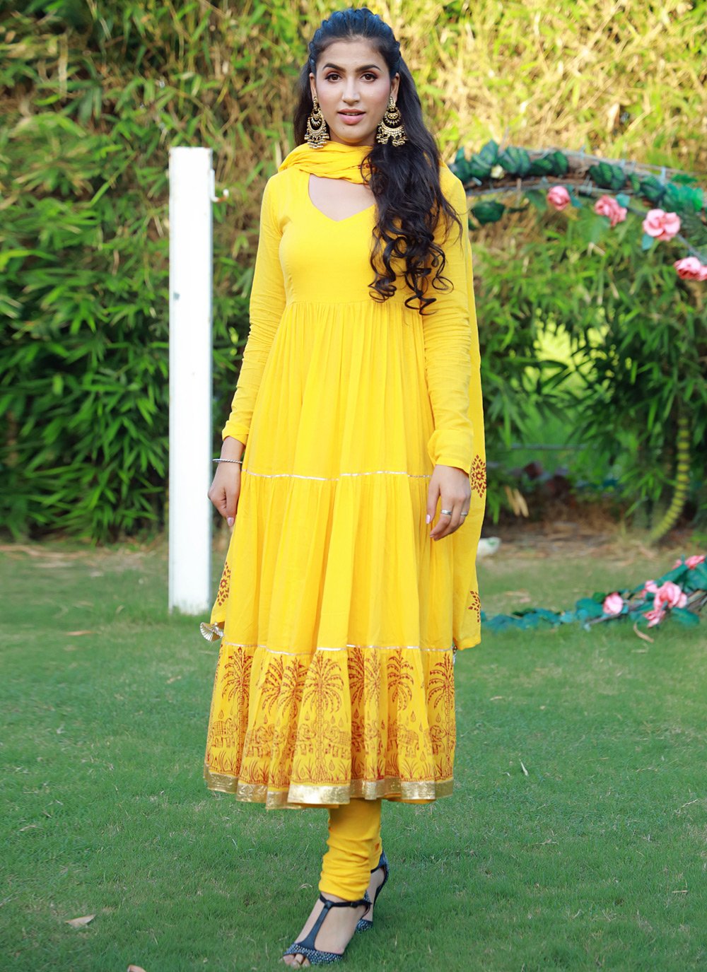 Anarkali Suit Fancy Fabric Yellow Print Salwar Kameez