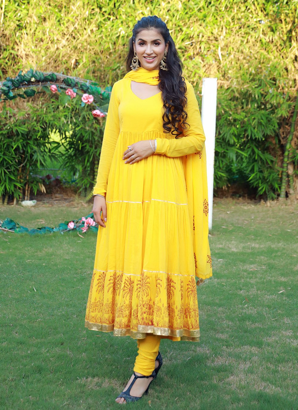 Anarkali Suit Fancy Fabric Yellow Print Salwar Kameez