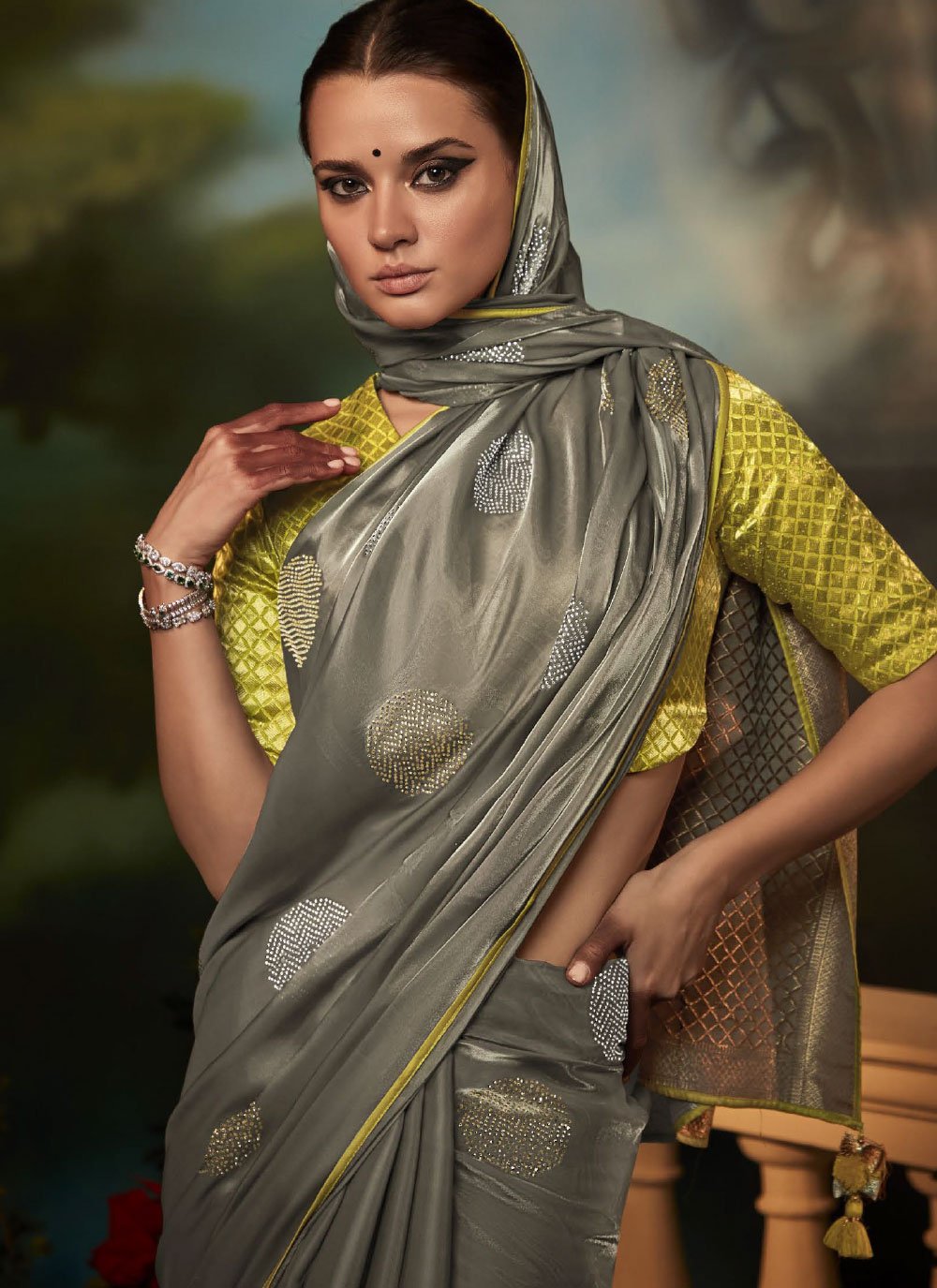 Classic Fancy Fabric Grey Fancy Work Saree