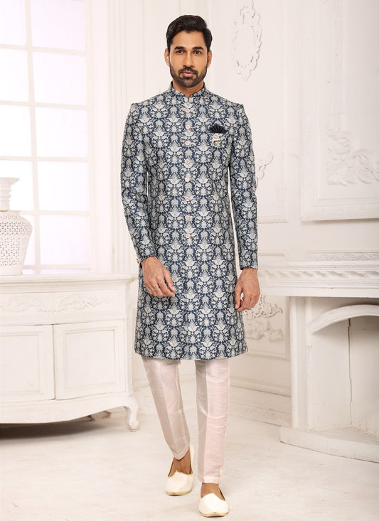 Indo Western Fancy Fabric Blue Digital Print Mens