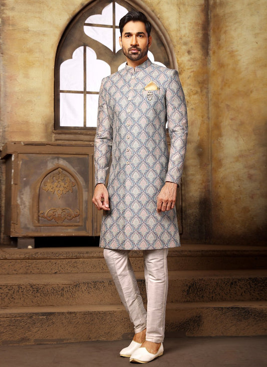 Indo Western Fancy Fabric Blue Digital Print Mens