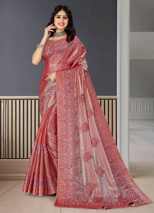 Trendy Saree Fancy Fabric Peach Embroidered Saree