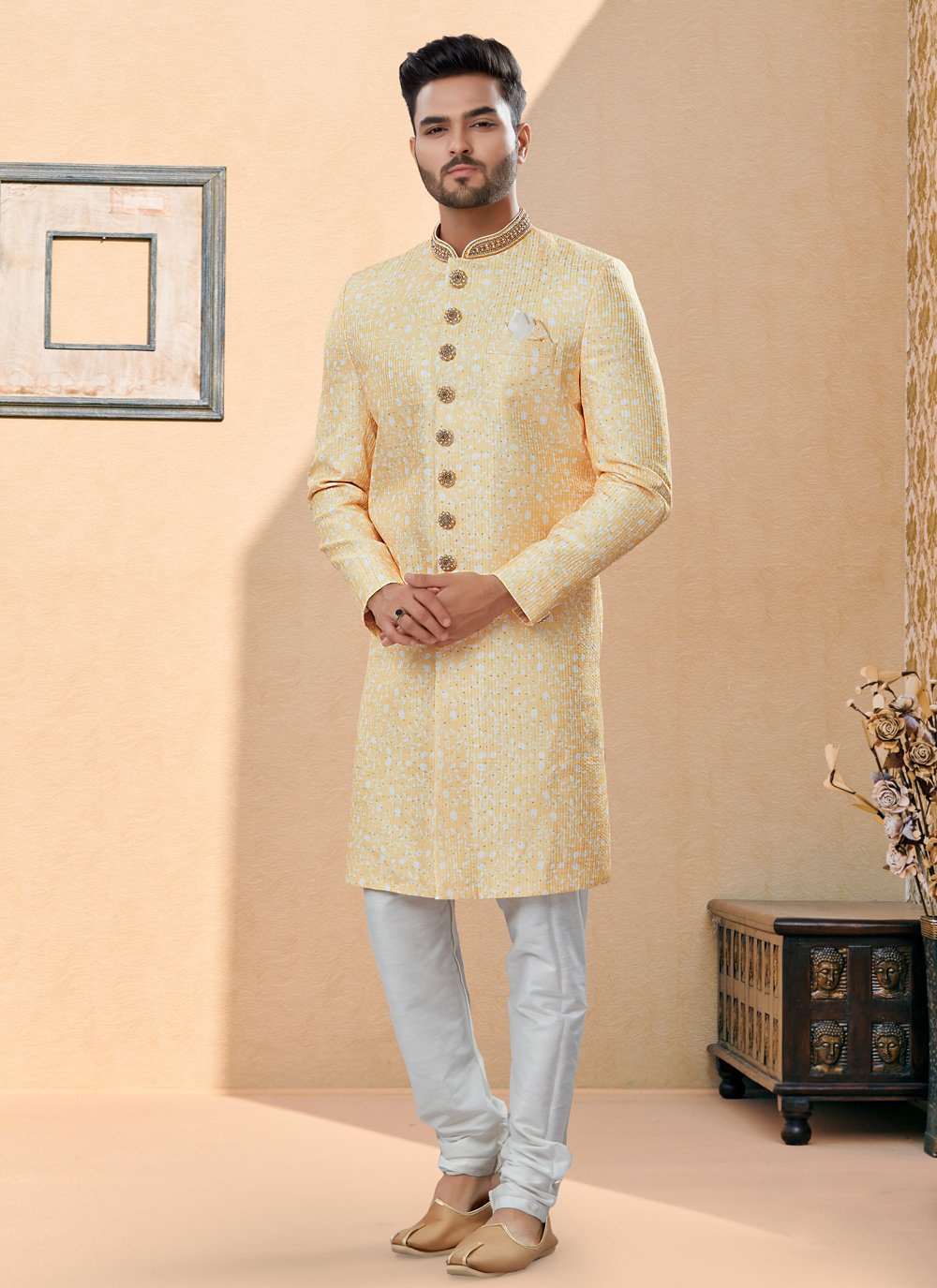 Indo Western Sherwani Fancy Fabric Yellow Embroidered Mens