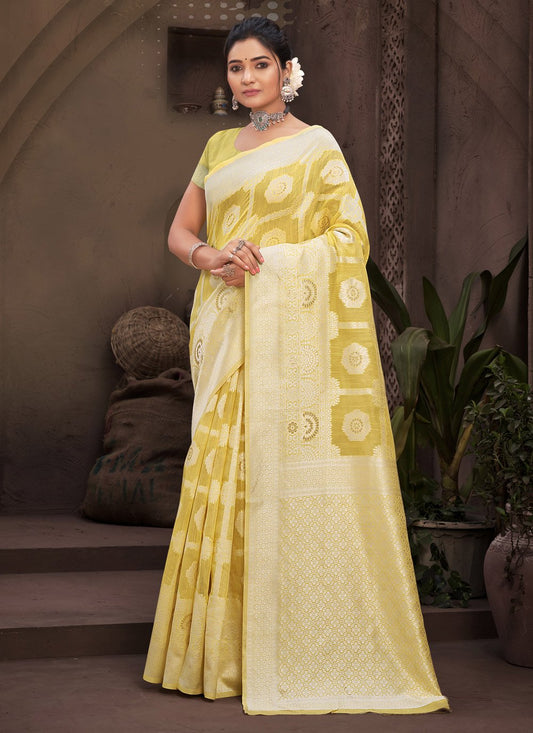 Trendy Saree Cotton Yellow Fancy Work Saree