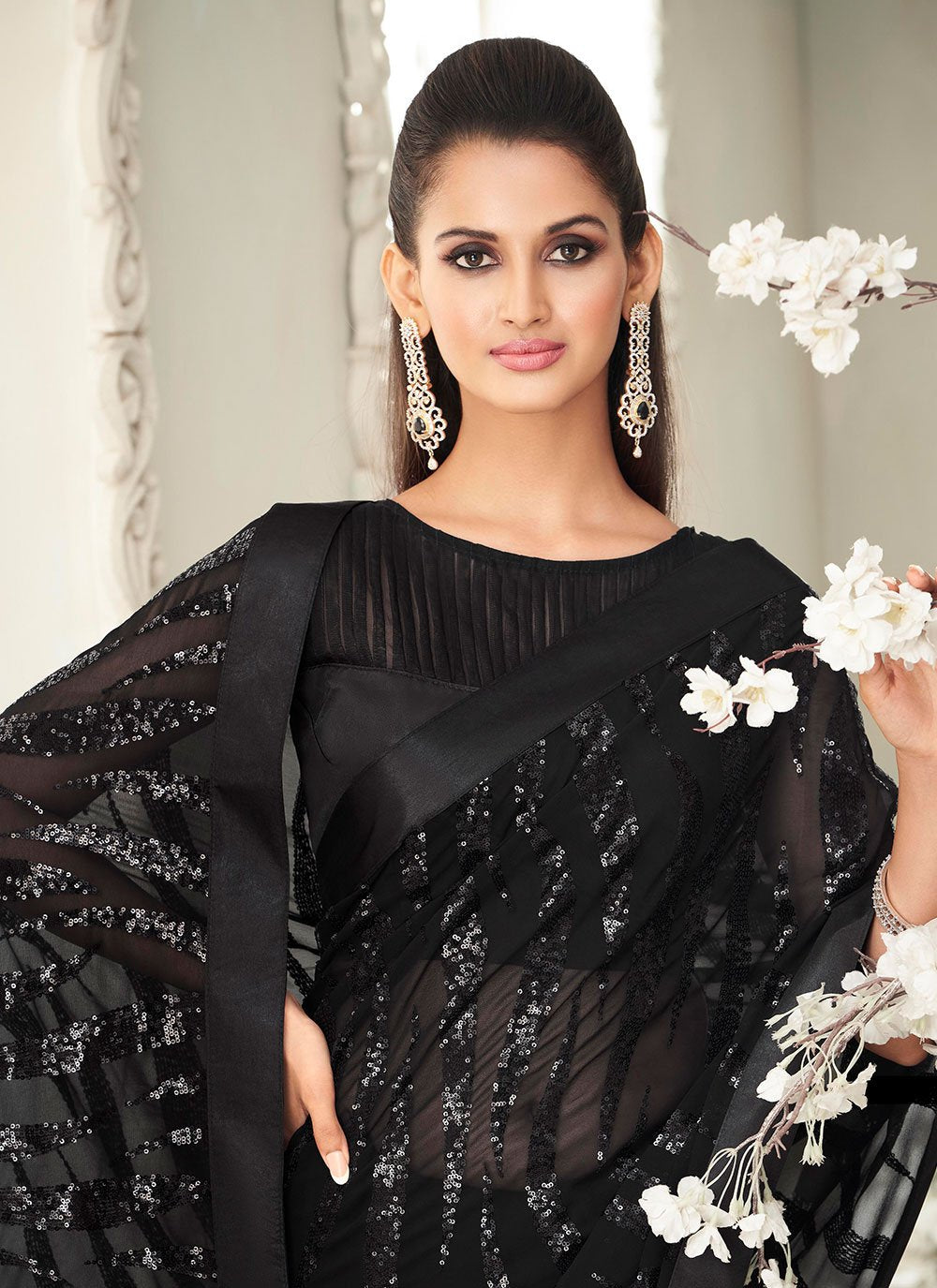 Designer Georgette Black Fancy Work Saree