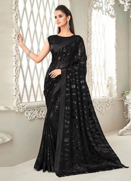 Designer Georgette Black Fancy Work Saree