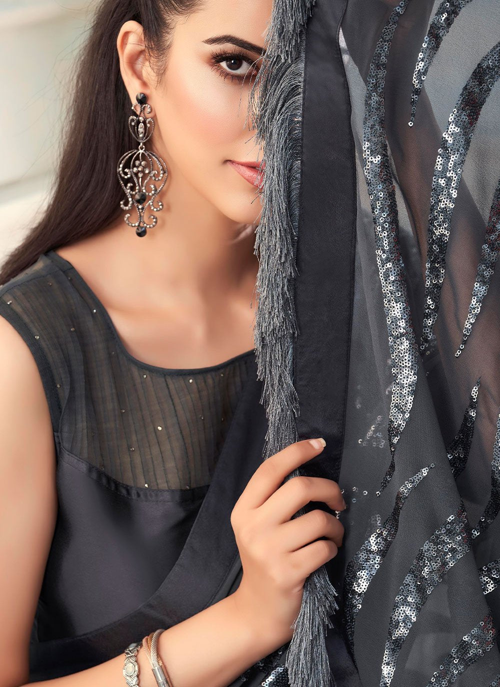 Classic Georgette Grey Fancy Work Saree