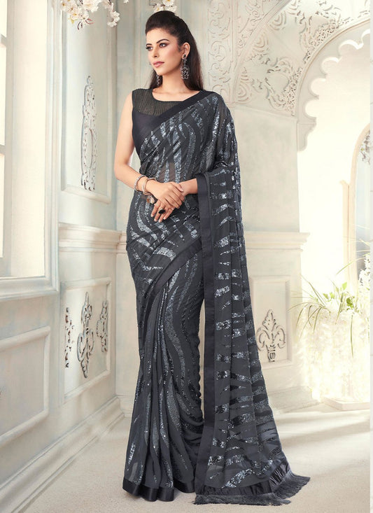 Classic Georgette Grey Fancy Work Saree