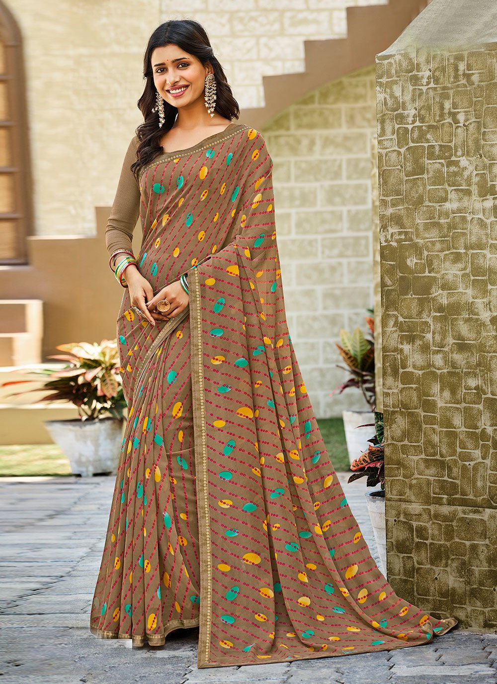 Trendy Saree Georgette Brown Fancy Work Saree