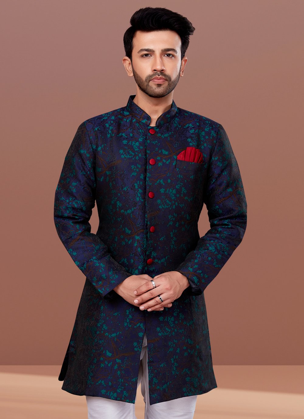 Indo Western Jacquard Blue Fancy Work Mens