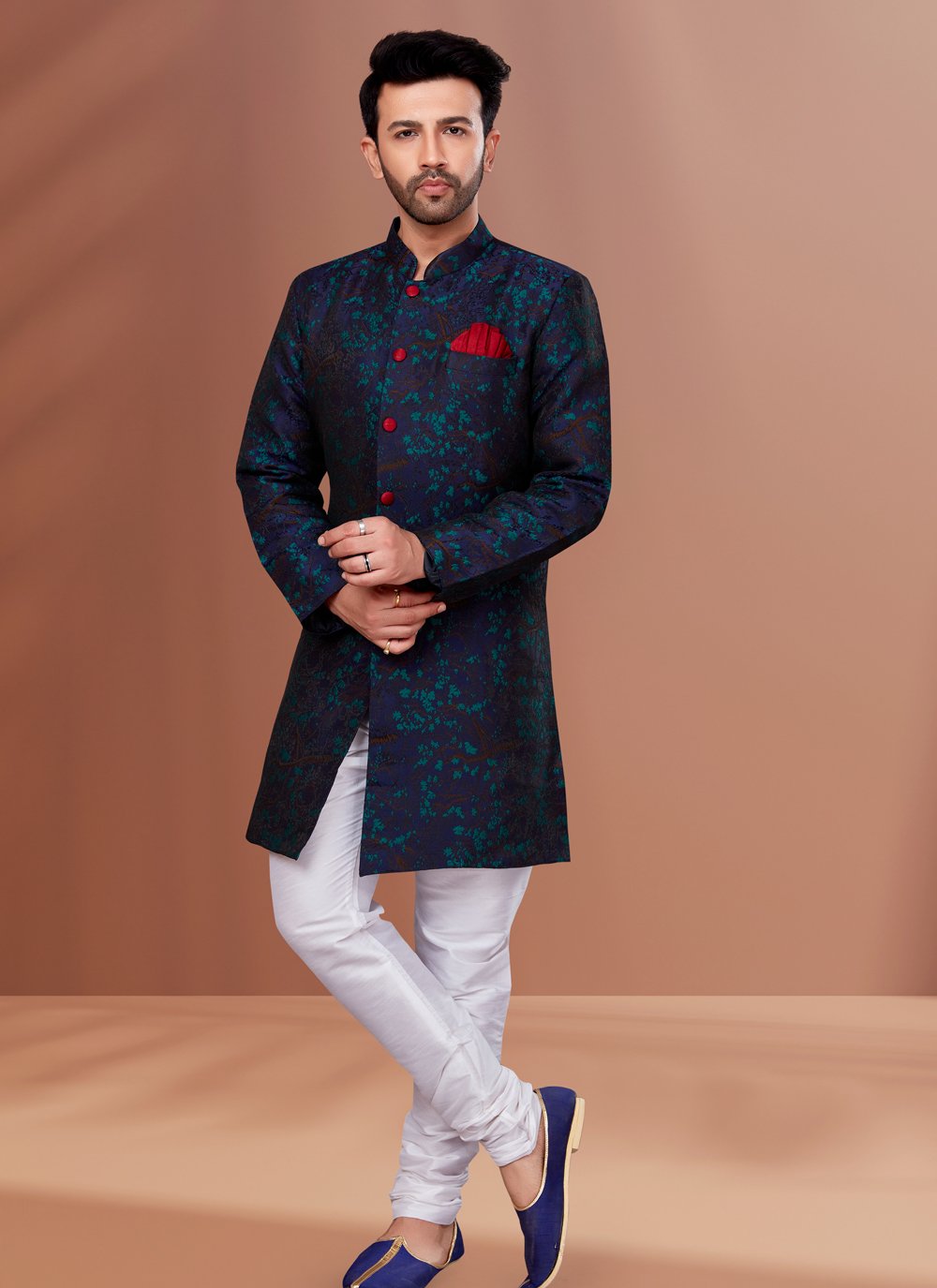 Indo Western Jacquard Blue Fancy Work Mens