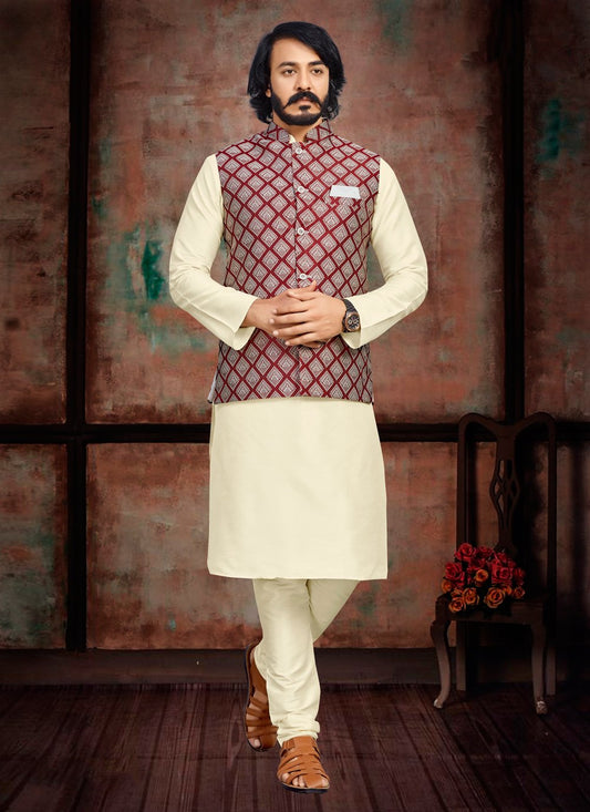 Kurta Payjama With Jacket Art Silk Jacquard Cream Maroon Fancy Work Mens