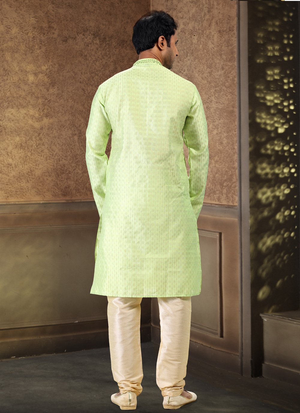 Kurta Pyjama Art Silk Jacquard Green Fancy Work Mens