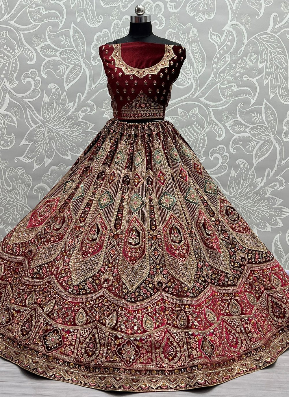 Lehenga Choli Velvet Maroon Diamond Lehenga Choli