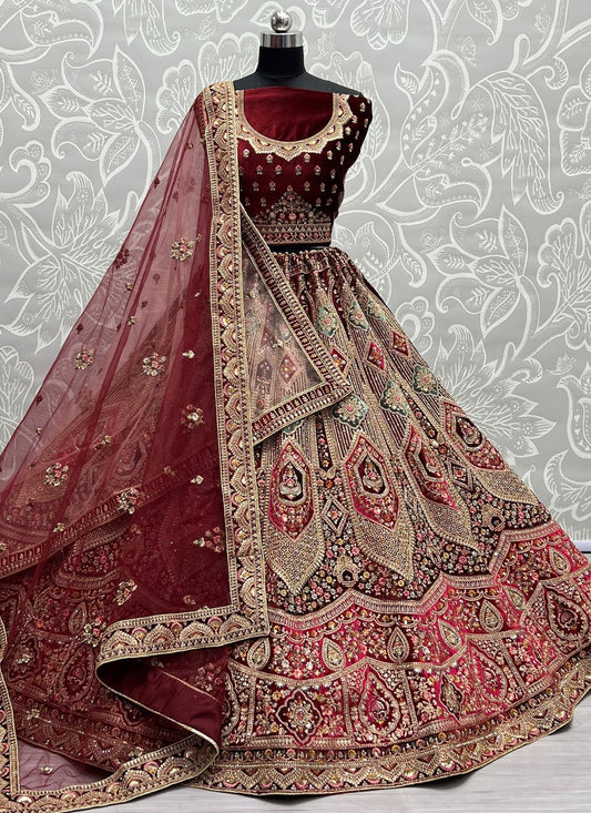 Lehenga Choli Velvet Maroon Diamond Lehenga Choli