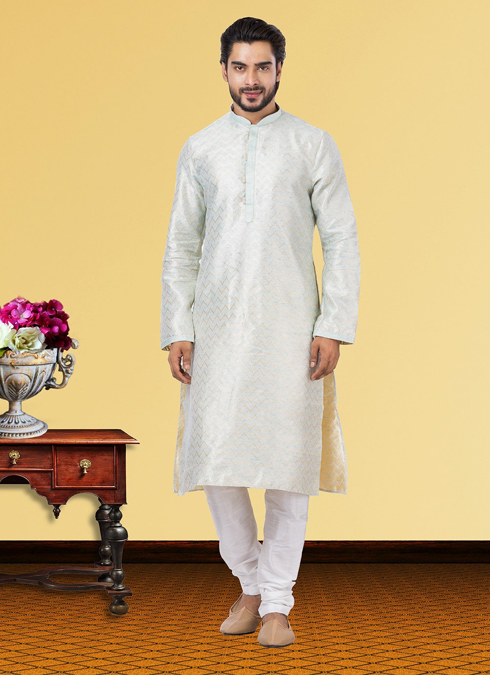 Kurta Pyjama Linen Silk Sea Green Fancy Work Mens