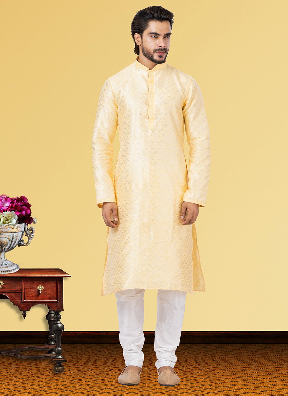 Kurta Pyjama Linen Silk Yellow Fancy Work Mens