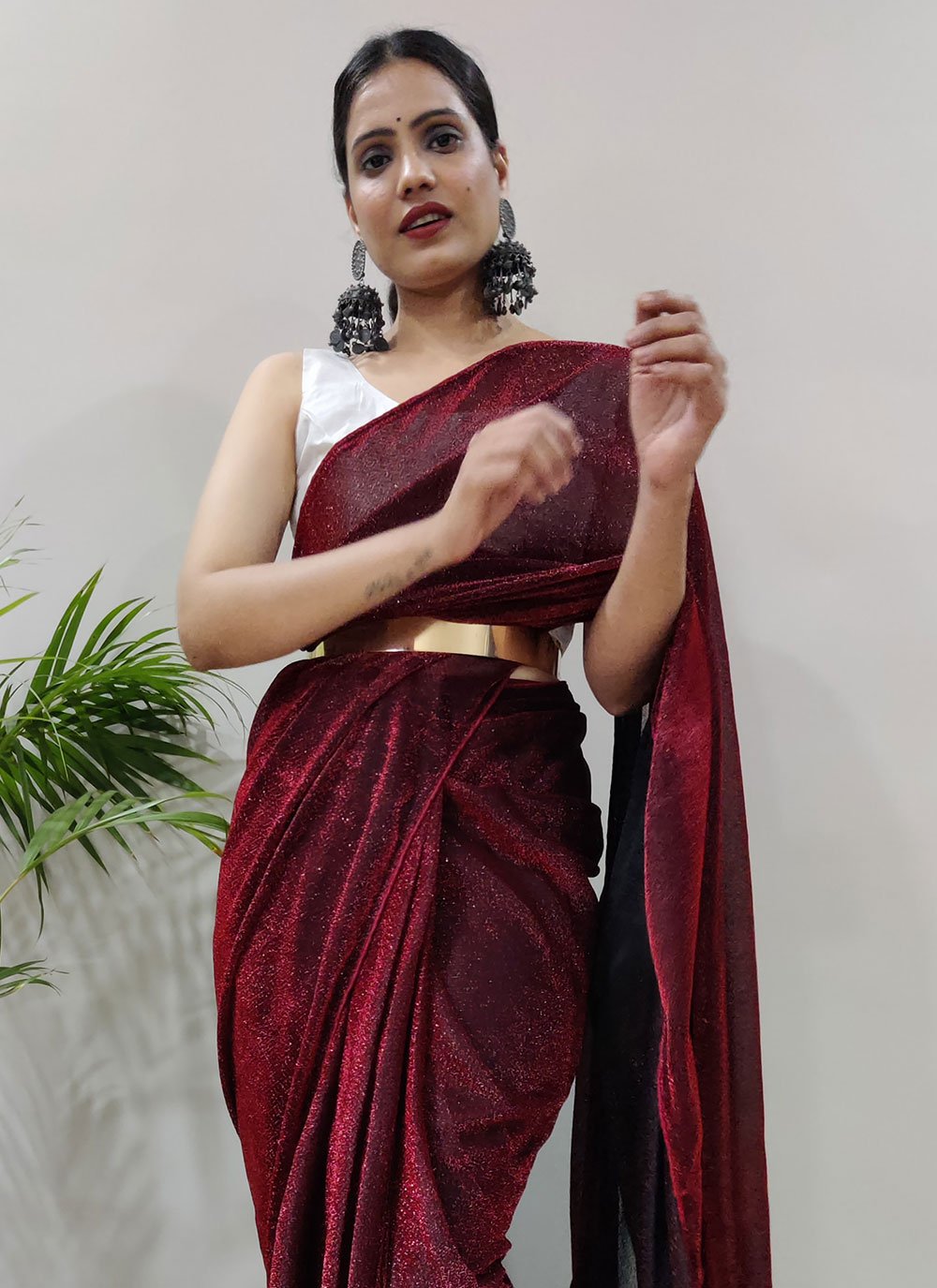 Contemporary Net Maroon Fancy Work Saree