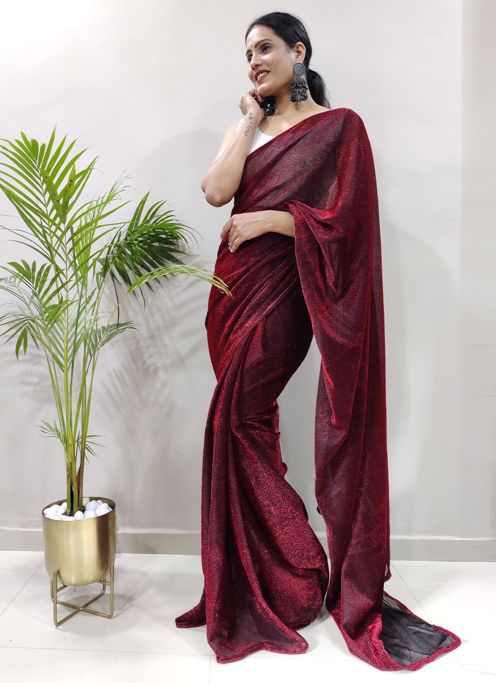 Contemporary Net Maroon Fancy Work Saree