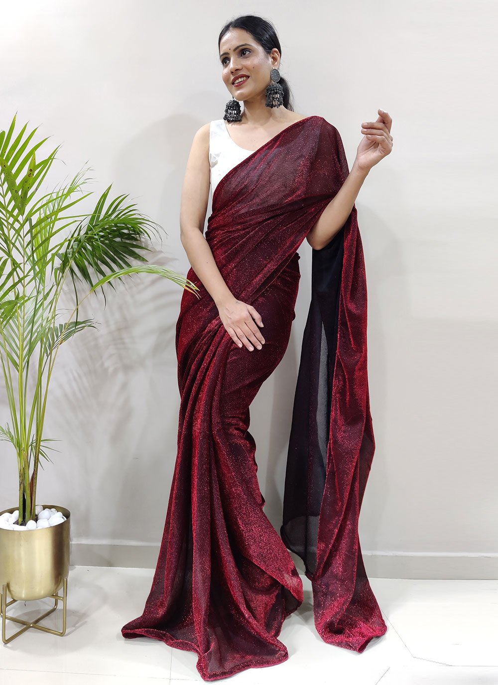 Contemporary Net Maroon Fancy Work Saree