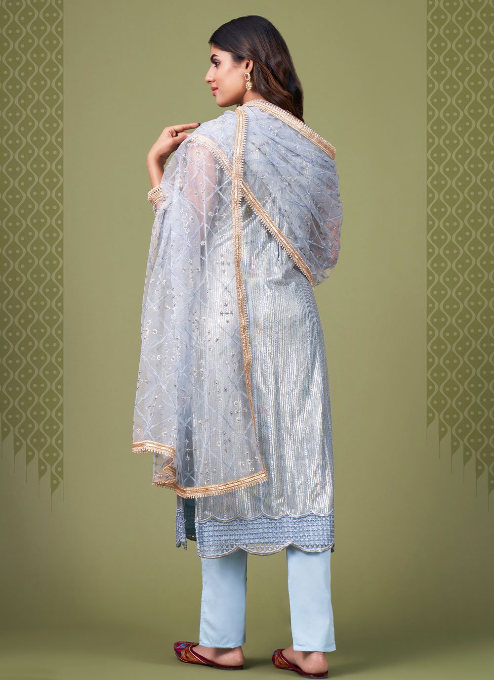 Pant Style Suit Net Aqua Blue Embroidered Salwar Kameez