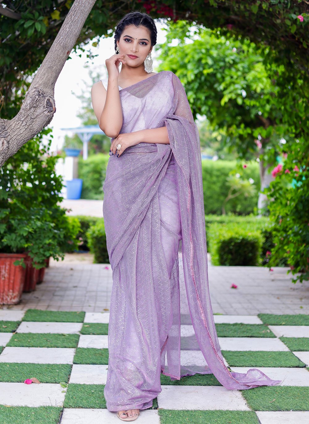 Classic Net Purple Fancy Work Saree