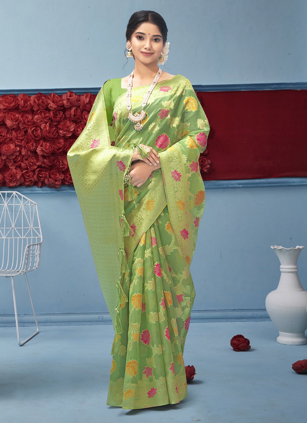 Designer Organza Green Fancy Work Saree